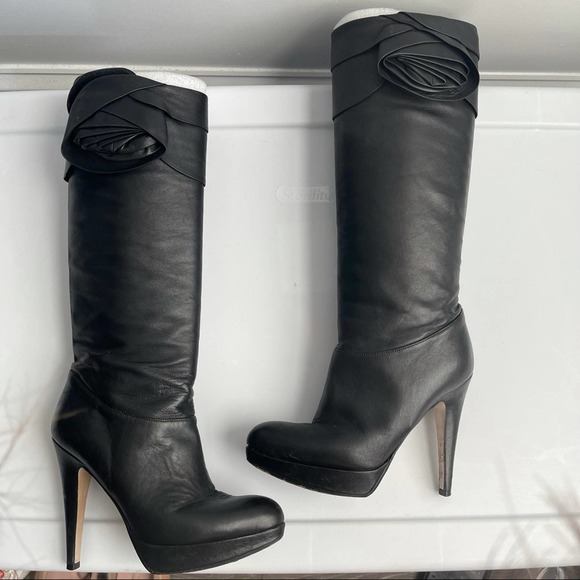 Valentino Shoes - Valentino Garavani black leather floral applique tall platform heel boots size 5